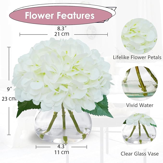 Big Petals Hydrangea Artificial Flowers in Vase, White Silk Fake Flowers Silk Centerpiece Table Decorations for Dining Room,Coffee Table Decor,Wedding, Home with Faux Water Decor (New White)