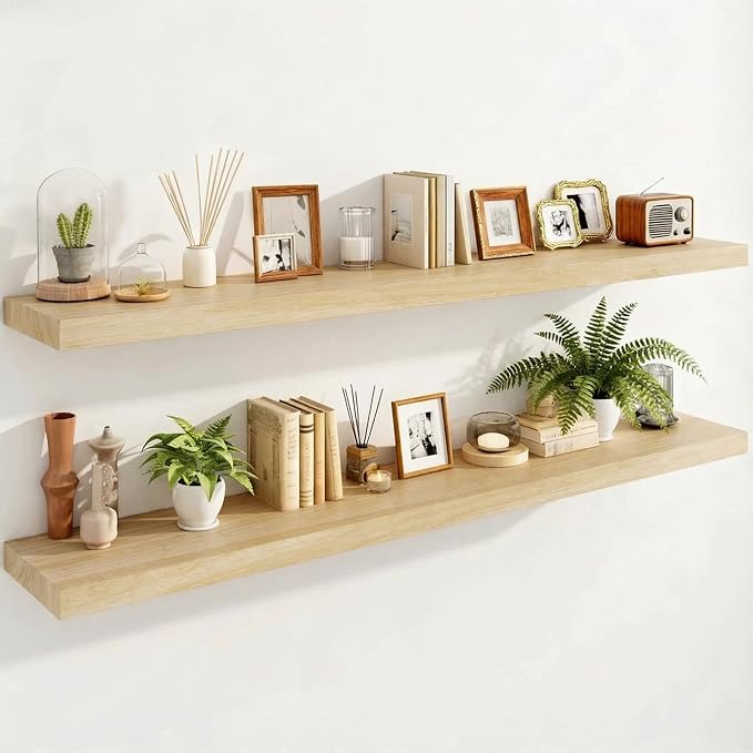 IAE Floating Wall Shelves 48 inch,Bathroom Shelf Wall Mounted,Invisible Shelving Floating Kitchen Shelves,Wooden wall Shelf with Brackets for Living Room wall Mounted,Easy Install,Set of 2,Natural