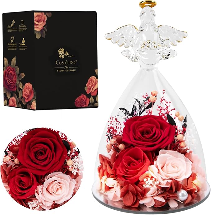 Christmas Rose Gifts for Women, 7" Red Preserved Roses Flowers in Glass Angel Figurine, Birthday Gift for Mom Wife Grandma, Eternal Rose for Mothers Day Valentines Anniversary
