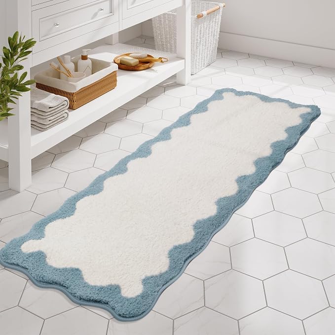 Uphome Bathroom Runner Rug, Blue Long Water Absorbent Cute Bath Mat Non Slip Washable, 24x60 Soft Irregular Shaped Shaggy Microfiber Bath Runner Rug for Floor, Bathtub, Bedroom