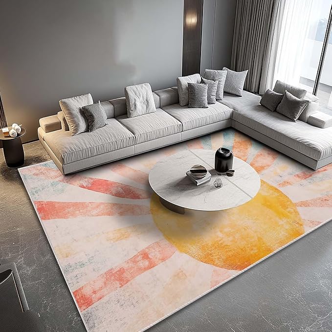 8x10 Boho Sun Area Rug Retro Orange Yellow Blue Beige Bedroom Rug Low Pile Thin Large Carpet Living Room Non Slip Dining Room Stain Resistant Office Washable Machine Classroom
