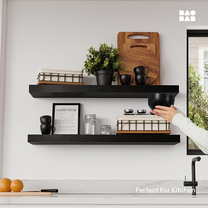 BAOBAB WORKSHOP Solid Wood Floating Shelves for Wall 30 Inches Long, Real Wooden Bathroom Shelf Large, Heavy Duty Wall Shelves Mounted Kitchen Bedroom Farmhouse, Black Shelf, 30W × 6.7D, Set of 2