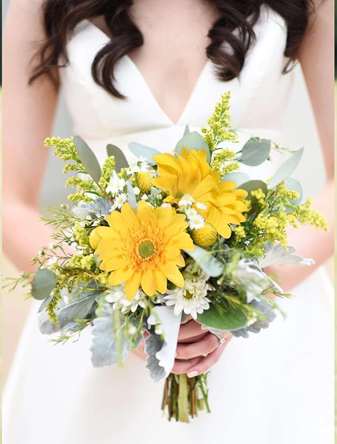 Yellow Gerbera Daisy Artificial Flowers – Real Touch Latex Silk Daisy Flowers 5PCS, 26.7" Long Stem Artificial Flowers for Summer Centerpieces, Home Decor Indoor, or Fake Wildflower Displays