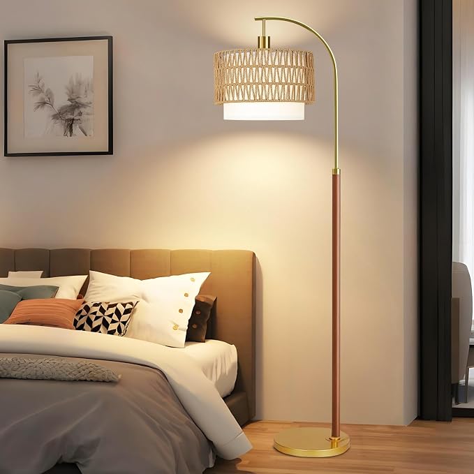 ZECOXOL Boho Floor Lamps for Living Room Wood Floor Lamp with Remote Control,Dimmable Rattan Floor Lamps Farmhouse Gold Standing Lamp with 3 Color Temperature Tall Arc Floor Lamp for Bedroom Corner