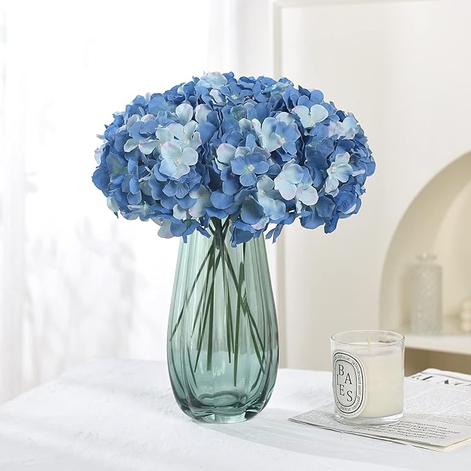 Silk Hydrangea Heads with Stems Artificial Flowers Heads for Home Wedding Decor,Pack of 10 (Sky Blue)