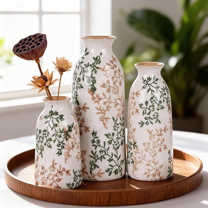Ceramic Vase Set of 3, Vintage Green and Beige Vases Set, Flower Rustic Chinoiserie Vases Floral Grand Millennial Farmhouse Decor Vase (Green and Beige-Set of 3)