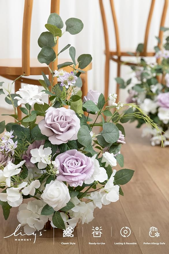 Ling's moment 17.5" Tall Free Standing Artificial Flowers Arrangements 2 pcs Wedding Aisle Runner Chair Decorations Lilac & White Centerpieces for Ceremony Reception Rose Floral Floor Party Outdoor
