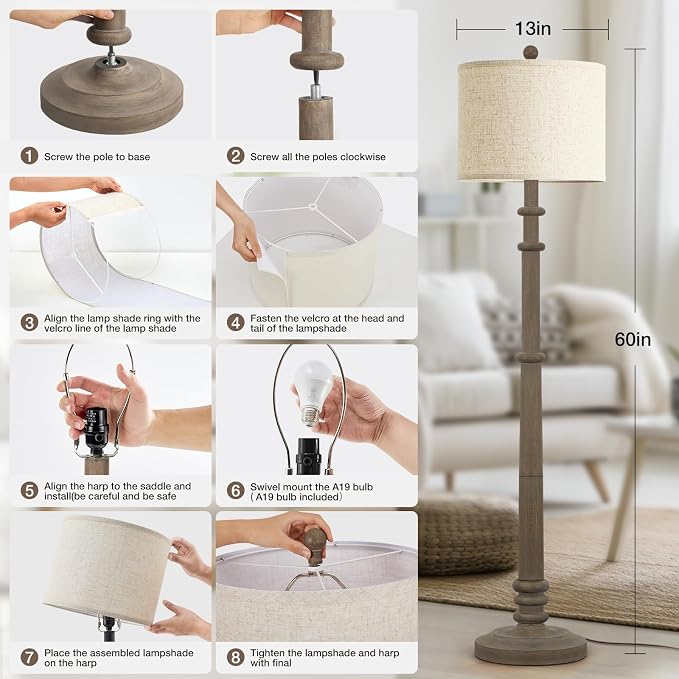 EJIAXIN Floor Lamps for Living Room - 60" Resin Farmhouse Floor Lamp with Adjustable Color Temperatures - Vintage Standing Lamp Reading Light with Linen Shade Retro Tall Lamp for Bedroom Office, Grey