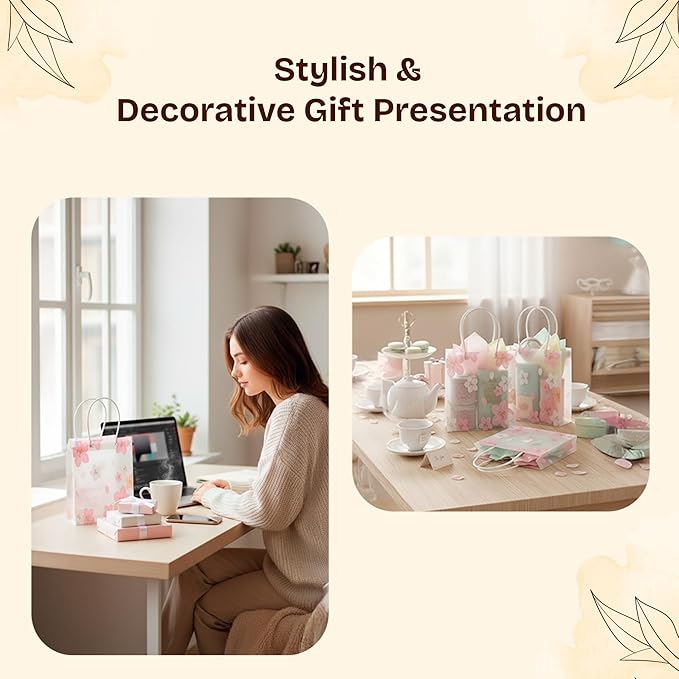 12 Pack Gift Bags with Cherry Blossom Design, Floral Plastic Totes for Wedding Favors, Party Goodies & Gifts