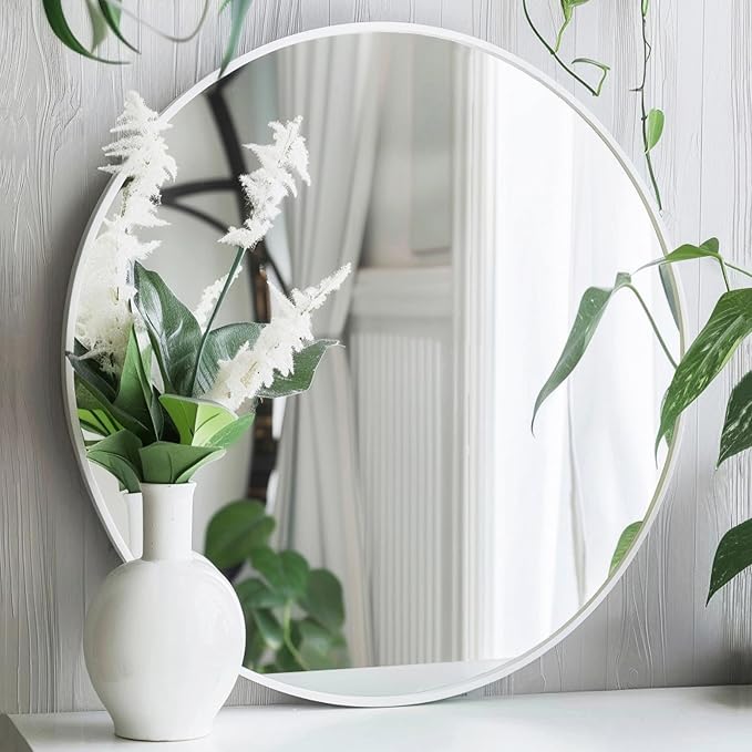 Sunniry White Round Mirror 30 inch, Large Round Mirror, Bathroom Mirror Matte Metal Frame, Circle Mirrors for Living Room, Bathroom, Wall, Hallway.