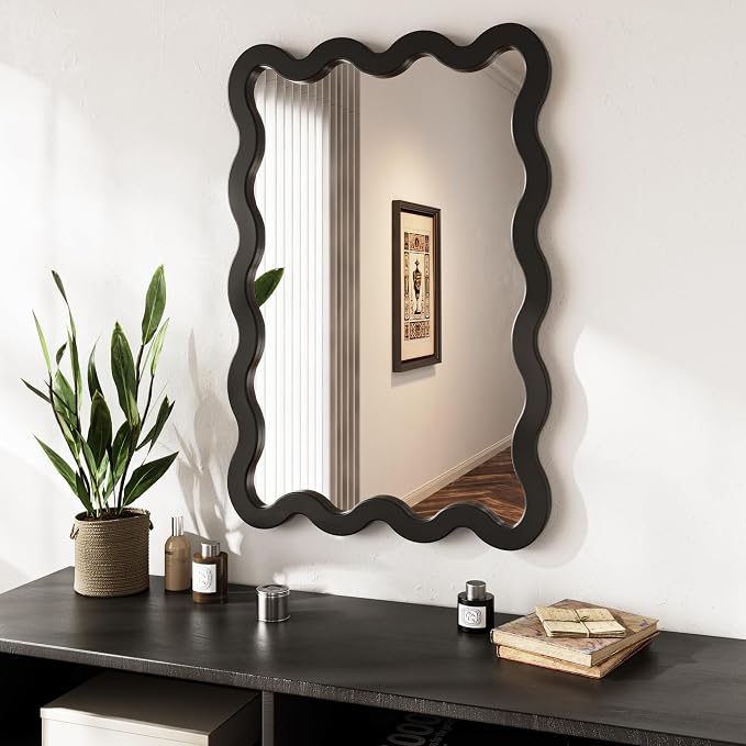 22"x30" Matte Black Wavy Wall Mirror for Powder Room & Vanity, Solid Wood Squiggle Mirror, Small Asymmetrical Irregular Mirror, Funky Aesthetic Decor, Vertical/Horizontal