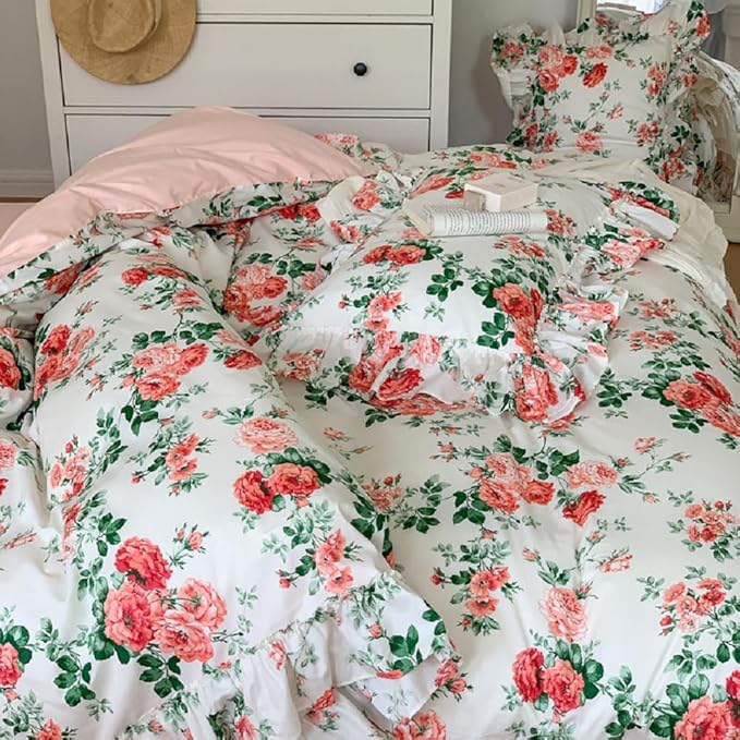 LifeTB Pink Flower Ruffle Comforter Set Full Size Vintage Floral Botanical Comforter Romantic Ruffle Lace Cottagecore Bedding Set Lightweight Fluffy Aesthetic Flowers Comforter Set with 2 Pillowcases