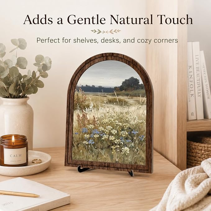 Rustic Farmhouse Tabletop Decor Sign, Arched Wooden Frame Wildflower Meadow Artwork for Desk Shelf Display, Soft Floral Landscape Accent, Gift for Home Decor Lovers