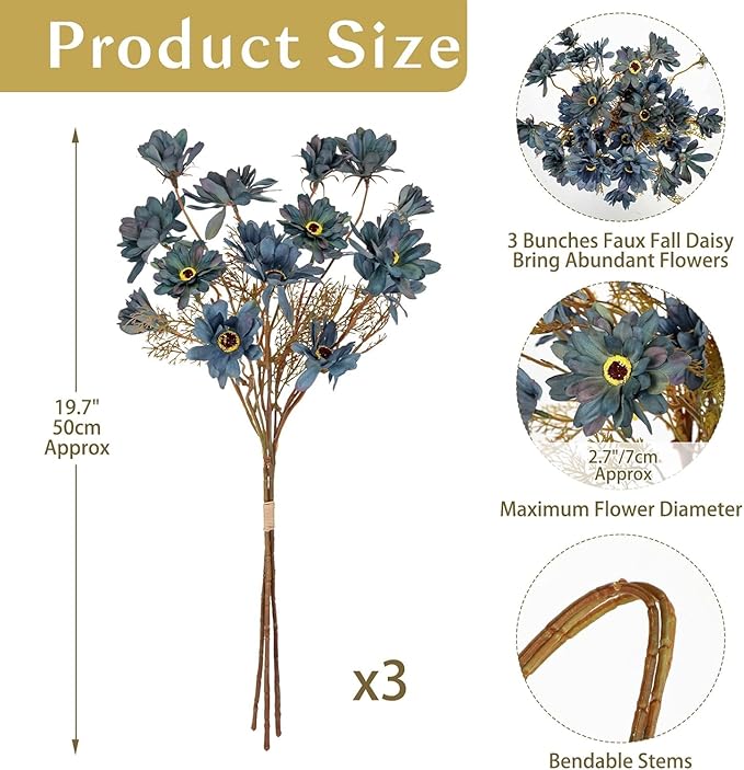 3 Bundles Artificial Daisy Flowers with Branches for Autumn Floral Arrangements, 20" Faux Wildflowers Mums Sprays for Fall Decor, Wedding Centerpieces, Fake Chrysanthemums Silk Flowers in Cyan Blue