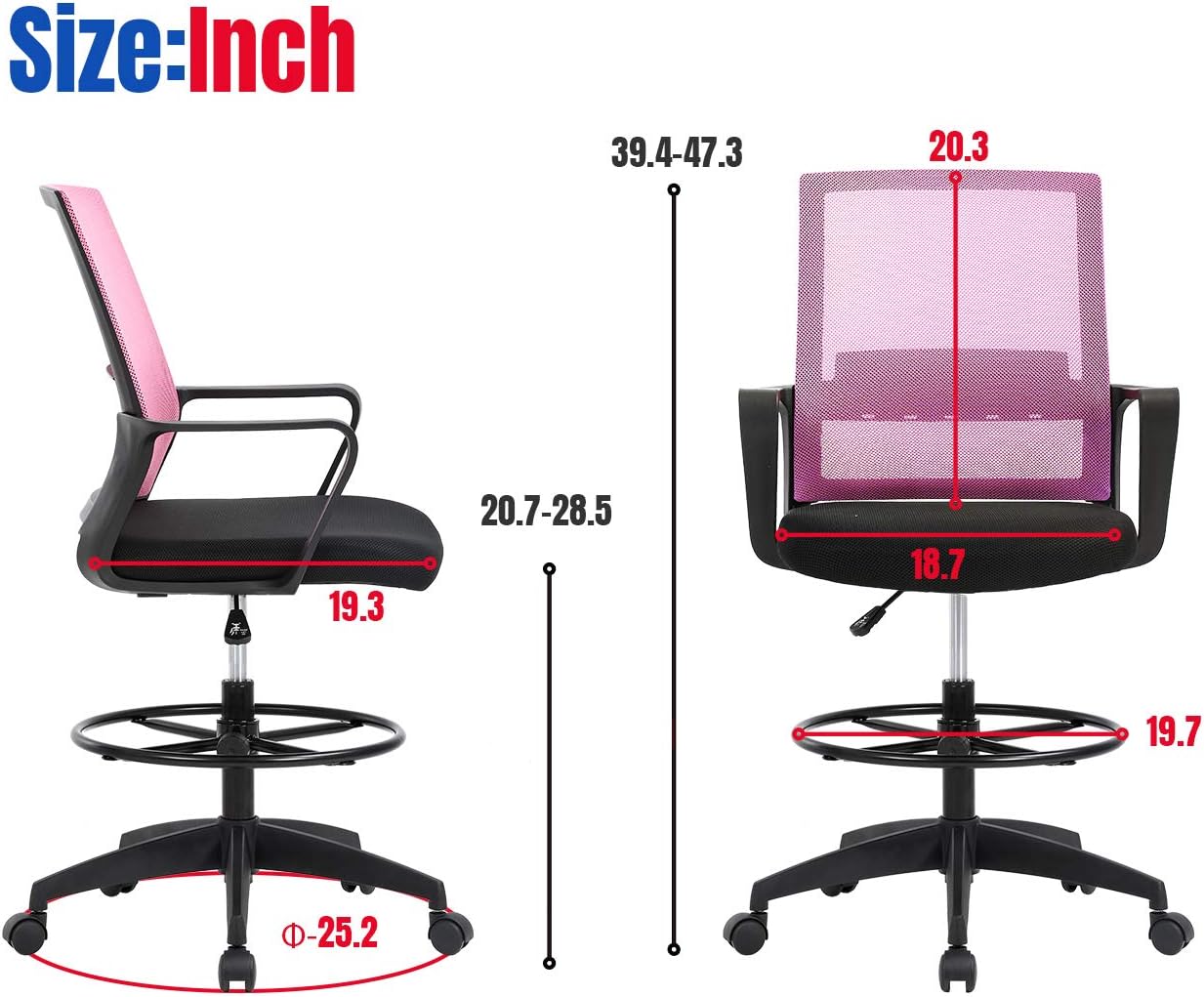 Skiennix Drafting Chair - Adjustable Tall Office Chair with Lumbar Support & Footrest | Pink