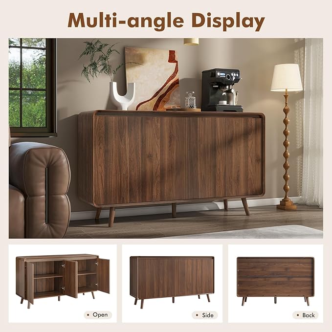 Nasonet Mid Century Modern Buffet Cabinet with Storage, 55 Inch Sideboard Credenza with Doors & Shelves Console Coffee Bar Table for Living Room, Kitchen, Dining Room and Hallway, Walnut