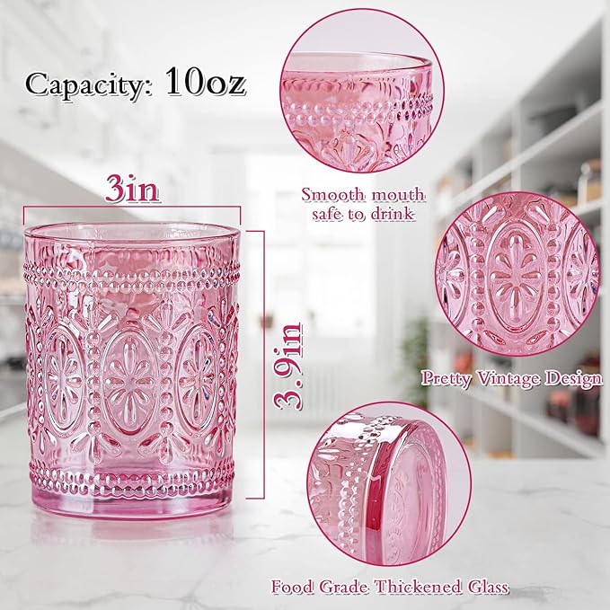 Darlion 6 Pack Pink Vintage Glassware Set, 10oz Romantic Drinking Glasses, Colored Water Glasses, Pink Embossed Glass Cups for Juice, Cocktails, Beer, Iced Tea, Soda