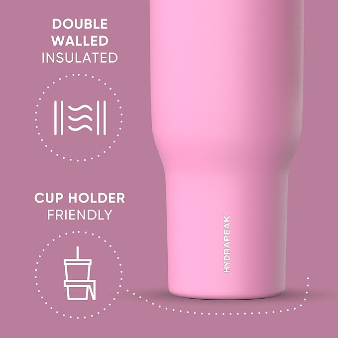 Hydrapeak Voyager 40 oz Tumbler with Handle and Straw Lid | Reusable Stainless Steel Water Bottle Travel Mug Cupholder Friendly | Insulated Cup (Bubblegum)