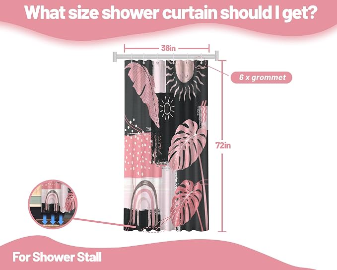 Small Stall Narrow Shower Curtain Pink and Gray Stand Up Abstract Grey Bohemian Shower Curtains for Rv Camper Bathroom Decor Sets, Waterproof Cloth Fabric with Hooks, 36 x 72 Inch