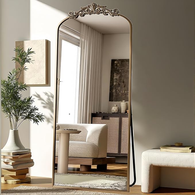 Dewfig Arched Full Length Mirror, 71"x28" Full Body Mirrors with Carved, Floor Mirror for HomeDecor, Standing/Halling Large Wall Mirror for Bedroom, Living Room, Cloakroom, Bronze, Retro Style