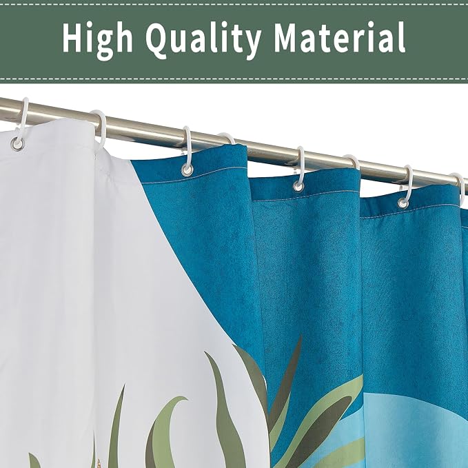 Boho Mid Century Shower Curtain, Light Blue Modern Minimalist Abstract Geometric Gold Plant Leaves Sun Arch Bathroom Curtains Waterproof Fabric Buthtub Curtain Set with Hooks 72" Wx84 L
