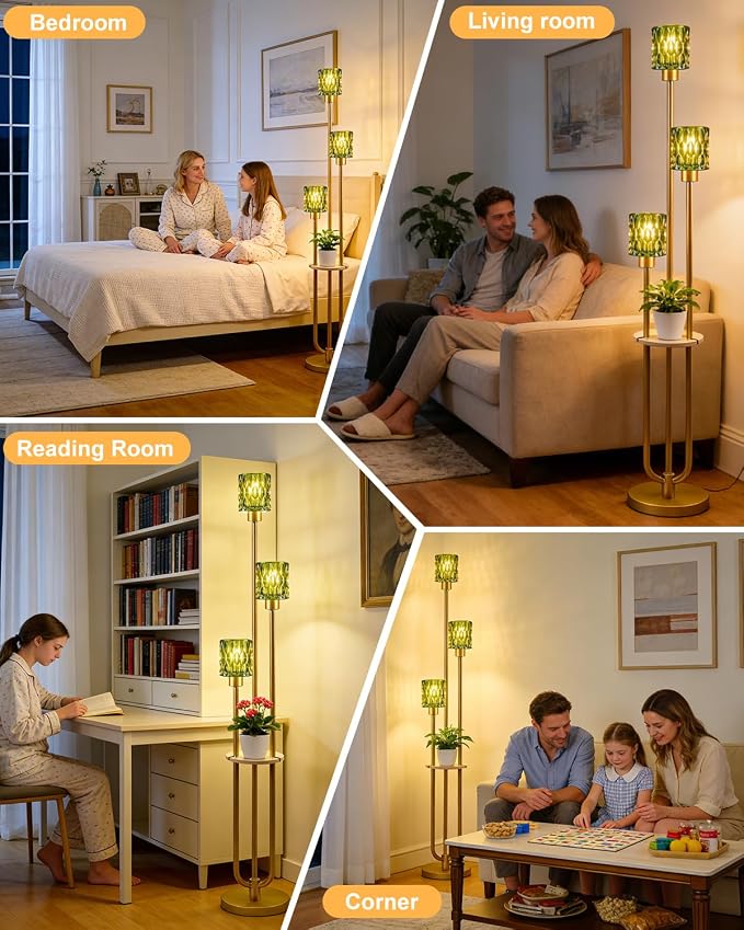 Lightdot 3-Lights Glass Floor Lamp for Living Room Modern Gold Floor Lamp with Green Glass Shade for Wedding/Party Farmhouse Tall Standing Lamp with 5Lb Heavy Base for Bedroom/Sofa Beside/Corner Decor
