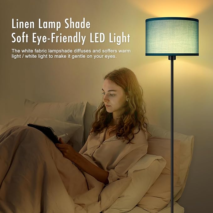 AUQUEE 58" Small Floor Lamp with Foot Pedal Switch, Modern Standing Lamp with Green Linen Shade, Corner Reading Floor Lamps for Bedroom, Office, Apartment & Small Spaces - Black Pole Lamp