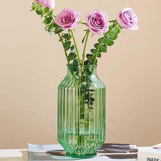 Flower Vase,Glass Vase,9.2 inch,Vintage Clear Ribbed Glass Vase for Home Decor,Bookshelf,Dinner Table,Indoor Office Desktop,Meeting Room,Home Christmas Day Decoration