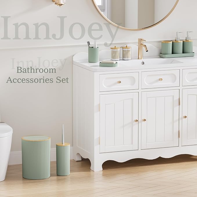 10PC Bathroom Accessories Set - Sage Green Bathroom Sets, Bathroom Accessory Set with Pop Up Trash Can, Toilet Brush, Trash Can, Qtip Holder & Soap Dispenser