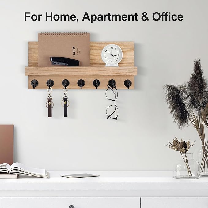 Lwenki Key Holder Wall Mount, Entryway Key and Mail Holder with 7 Sturdy Hooks for Sunglasses, Dog Leash, Decorative Wall Shelf with Mounting Hardware, 15”W x 6.7”H x 4.2”D (Wood)