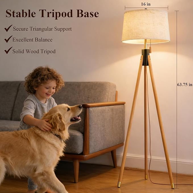 Mid Century Modern Tripod Floor Lamp, Gold Accented Two-Tone Solid Wood Floor Lamp with Black-Finished Solid Wood Center, Linen Shade & Pull Chain, Tall Lamp for Living Room Bedroom Reading Corner