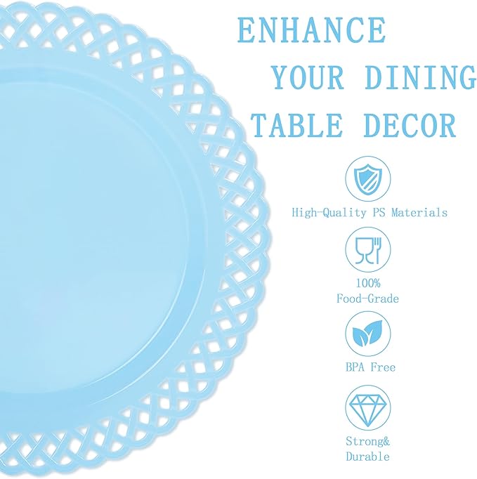 COLOSUS 60Pcs Blue Plastic Plates, Fancy Blue Hanukkah Plates, Nice Scallop plates,Heavy Duty Lace Hollowed Out Plate Set include 30 Dinner Plate 10” and 30 Salad/Dessert Plate 7.5”for Hanukkah