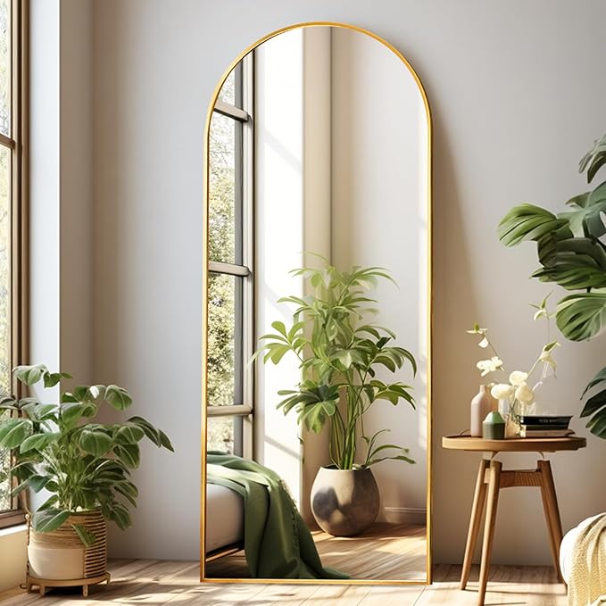 Dewfig Arched Full Length Mirror, 64"X21" Large Floor Mirror, Full Body Mirrors for Leaning or Hanging, Standing Mirrors for Bedroom, Living Room,Dressing Room, Aluminum Alloy Frame, Gold