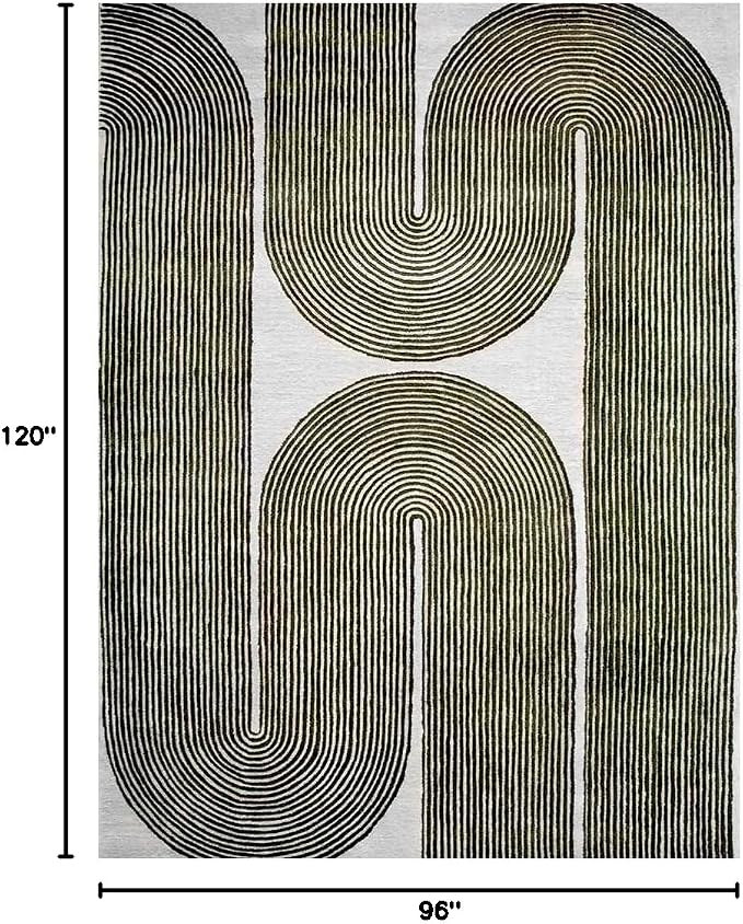 Modern Handmade Wool Area Rug, Abstract Curved Line Geometric Carpet for Living Room Bedroom, Contemporary Tufted Indoor Rug with Soft Pile and Cotton Backing (Olive, 9' x 12')
