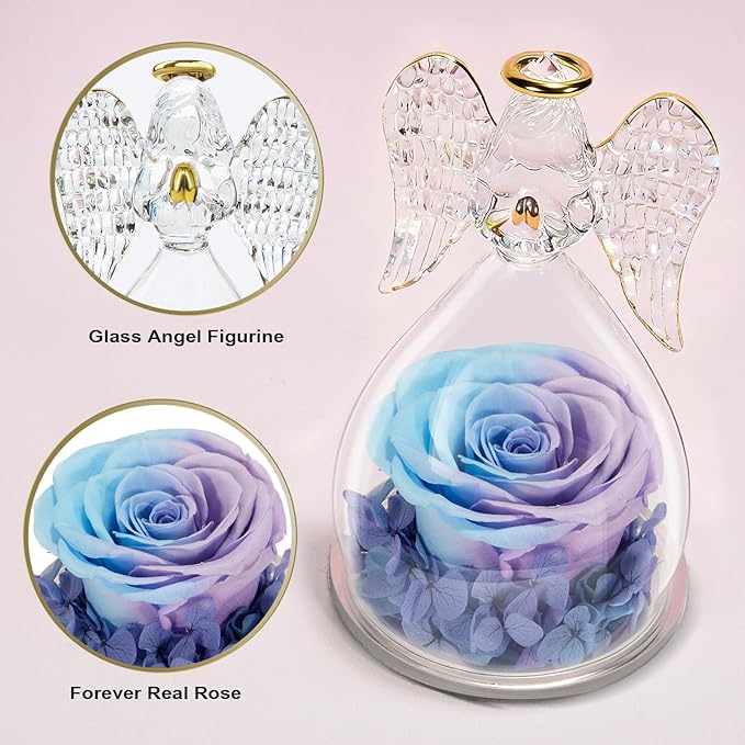 Yamonic Gifts for Mom Birthday,Angel Figurines with Real Rose Gifts for Her Mom Grandma,Preserved Flower Rose for Valentines Day Mothers Day Christmas Anniversary Birthday Gifts for Women(Blue-purple)