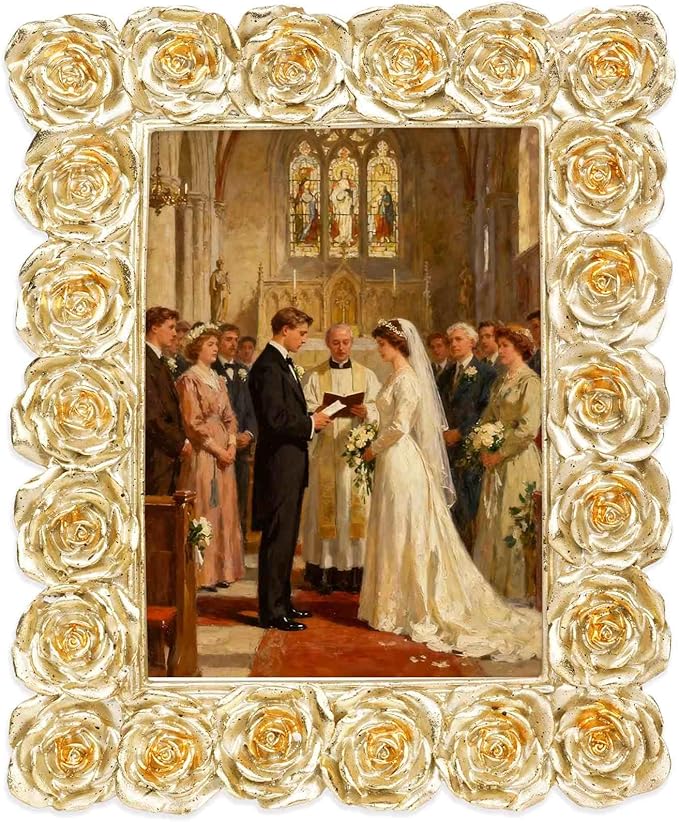Gold Picture Frames, Rose Ornate 5x7 Photo Frame, Vintage Carved Floral Textured Hand-Crafted Picture Frame with Glass Front, Resin Photo Frames Tabletop or Wall Hanging, Pictures Display Frame for Home Decor