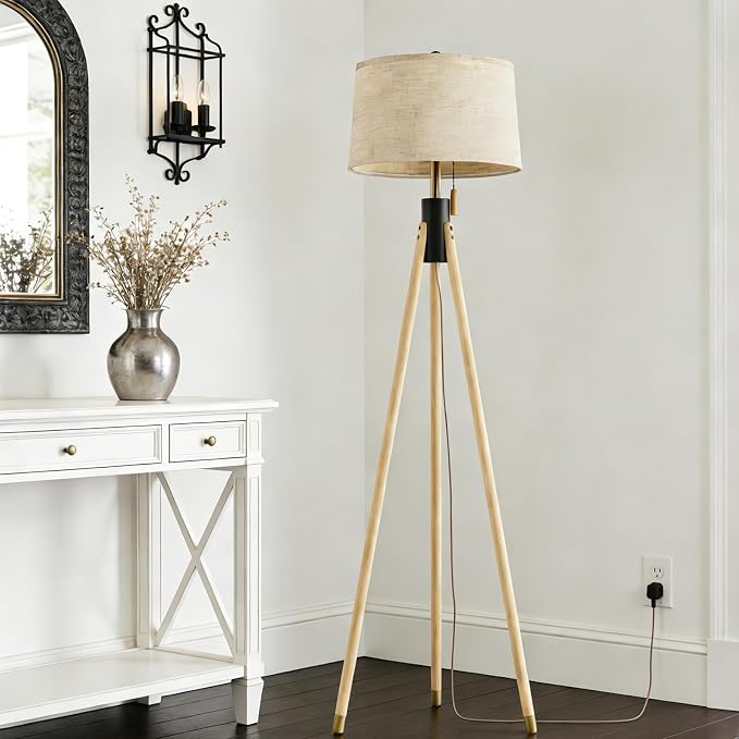 Mid Century Modern Tripod Floor Lamp, Gold Accented Two-Tone Solid Wood Floor Lamp with Black-Finished Solid Wood Center, Linen Shade & Pull Chain, Tall Lamp for Living Room Bedroom Reading Corner