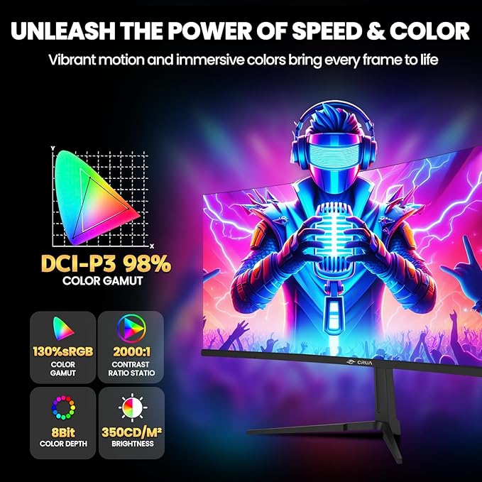 CRUA 34" Curved Gaming Monitor, IPS WQHD(3440x1440P) 120Hz 1900R 21:9 UltraWide PC Display, 130% sRGB, AMD FreeSync, Blue Light Filter, HDMI/DP Ports, Wall Mountable Installs– Black
