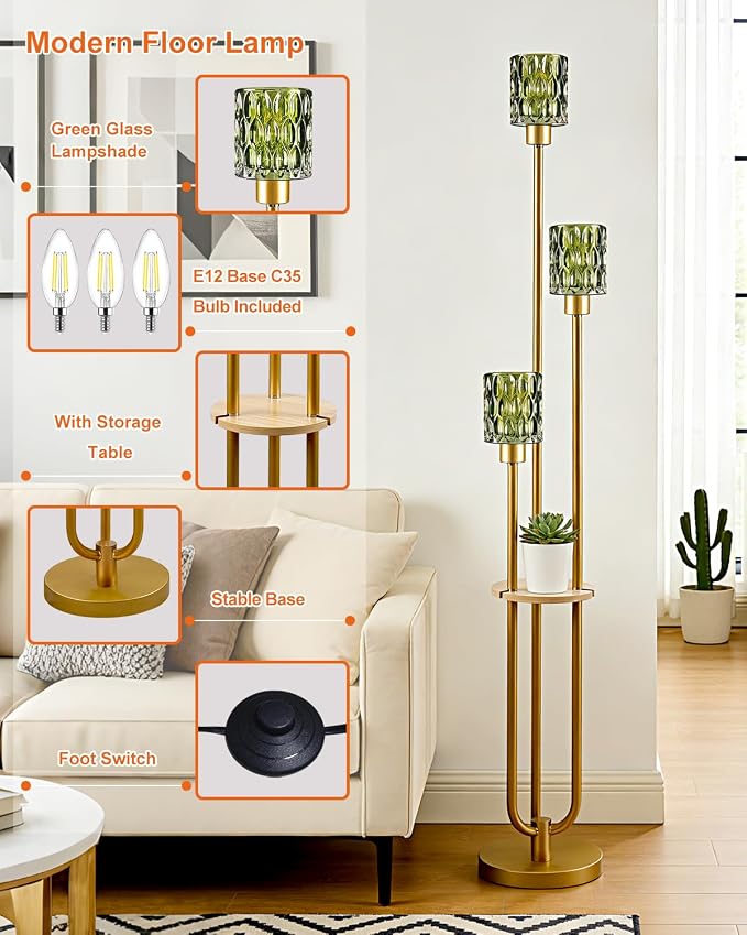 Lightdot 3-Lights Glass Floor Lamp for Living Room Modern Gold Floor Lamp with Green Glass Shade for Wedding/Party Farmhouse Tall Standing Lamp with 5Lb Heavy Base for Bedroom/Sofa Beside/Corner Decor