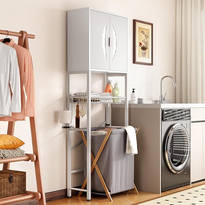 Kalrin Over The Toilet Storage Cabinet with Fluted Wave Doors and Adjustable Shelf, Wood Over Toilet Storage Rack with Drain Basket, Freestanding Bathroom Organizer for Balcony Laundry, Pure White