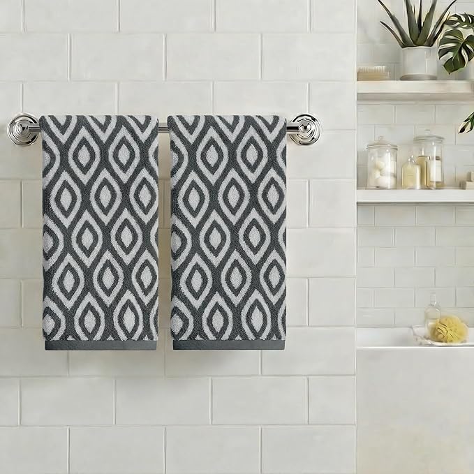 Artoid Mode 2 Pcs Beige Grey Diamond Grid Jacquard Hand Towels for Bathroom, 100% Cotton Soft Absorbent Bathroom Decor Towels, 13.7 x 29.5 Inch