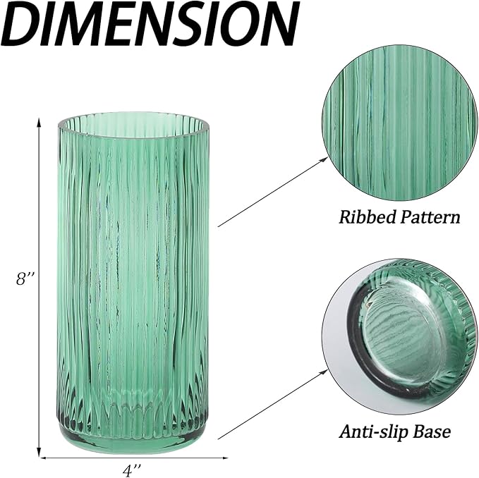 Ribbed Glass Vase, Flower Vases for Bouquet, Green Glass Vases for Flowers, Modern Ribbed Vase for Living Room, Bathroom, Dining Table, Office, Wedding, Centerpieces, 8 Inches