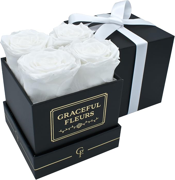 Graceful Fleurs | Real Long Lasting Roses for Years | Preserved Fresh Flowers for Delivery Birthday | Birthday Gifts for Women | Forever Roses in a Box (White, Black Box, 4 Roses)