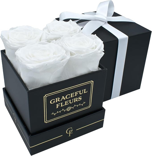 Graceful Fleurs | Real Long Lasting Roses for Years | Preserved Fresh Flowers for Delivery Birthday | Birthday Gifts for Women | Forever Roses in a Box (White, Black Box, 4 Roses)