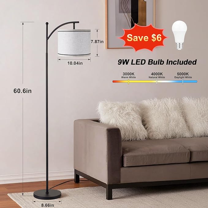 Ambimall 60" Floor Lamp for Living Room with 3 Color Temperatures, Beige Lampshade with Black Stripes, Tall Lamp for Bedroom Office, 9W Bulb Included