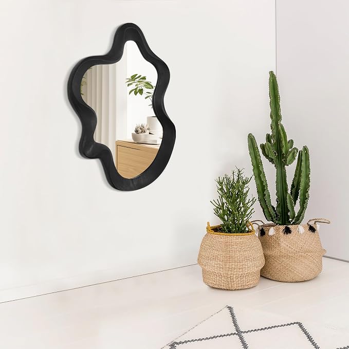 Large Irregular Wavy Mirror Modern Cloud Wall Mirror Asymmetrical Wooden Framed Wall Mirror Wall Mounted Unique Shape Vanity Artistic Mirror Decor for Bedroom Living Room Bathroom Entryway