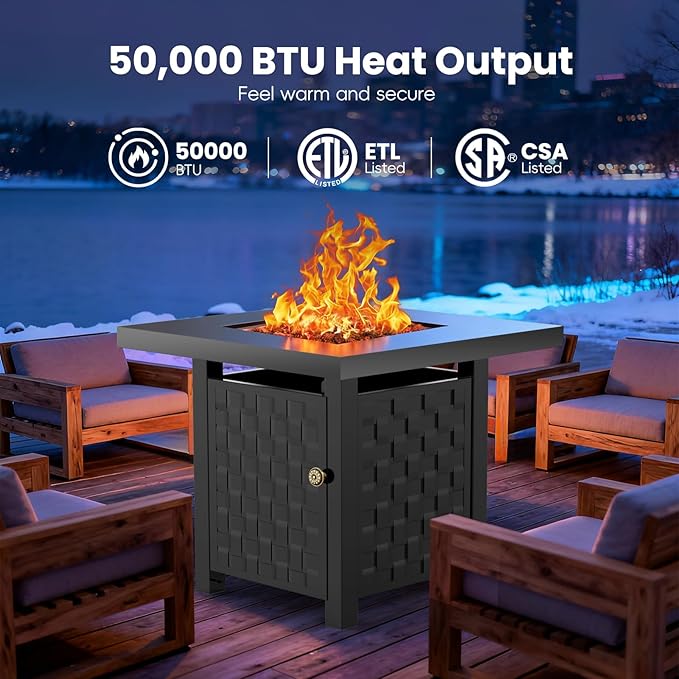 28 Inch Propane Fire Pit Table, 50,000 BTU 2 in 1 Fire Pit Table, Metal Tabletop, Adjustable Flame, Outdoor Fire Pit for Patio, Garden, Yard, Outdoor Gatherings