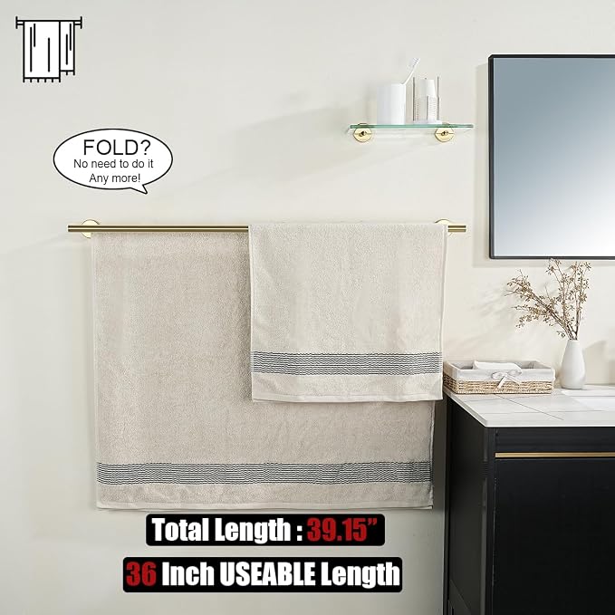 JQK Double Bath Towel Bar, Brushed Gold 39 Inch 304 Stainless Steel Thicken 0.8mm Towel Rack for Bathroom, Towel Holder Wall Mount, Useable Length 36 Inch, TB100L36-BG