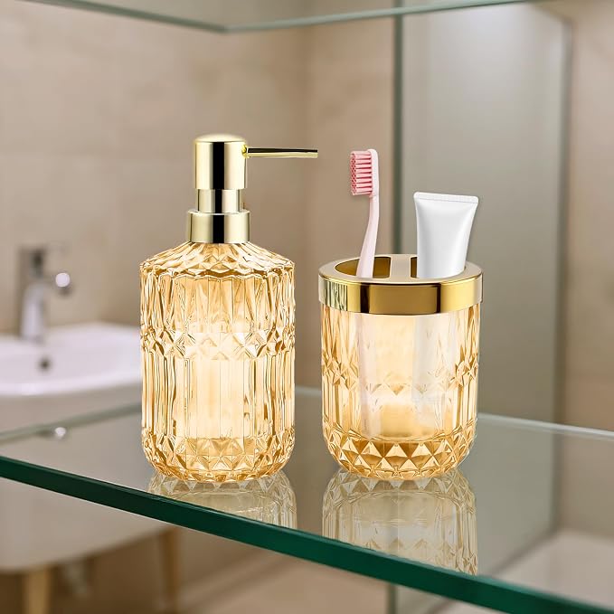 2Pcs Golden Bathroom Accessories Set, Glass Bathroom Accessories, Vintage Bathroom Countertop Decoration Includes Soap Dispenser, Toothbrush Holder