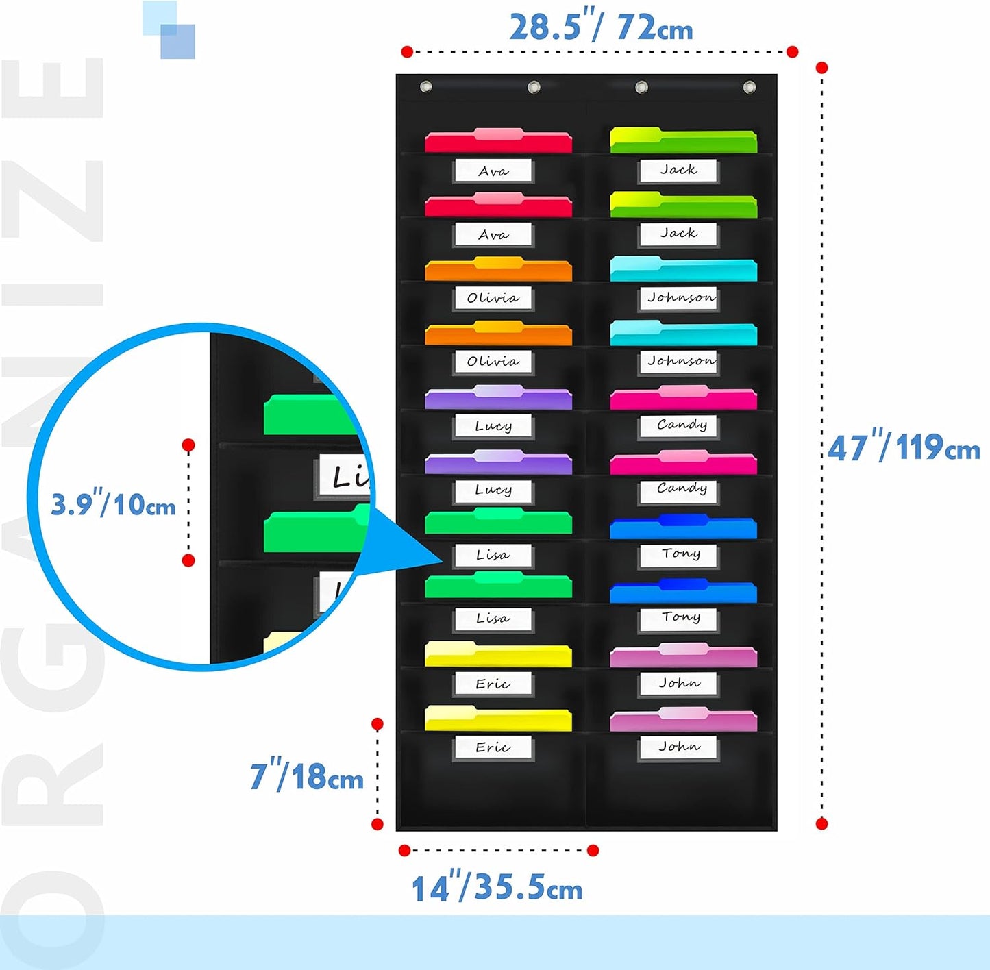 Vantasii Nylon Storage Pocket Chart - 20 Name Tag Pockets & 4 Hooks | Organize Assignments & Files (28.5”x 47”)